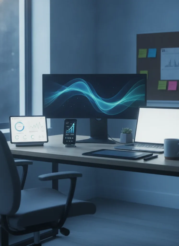 professional digital marketing workspace with smartphone analytics dashboard,
